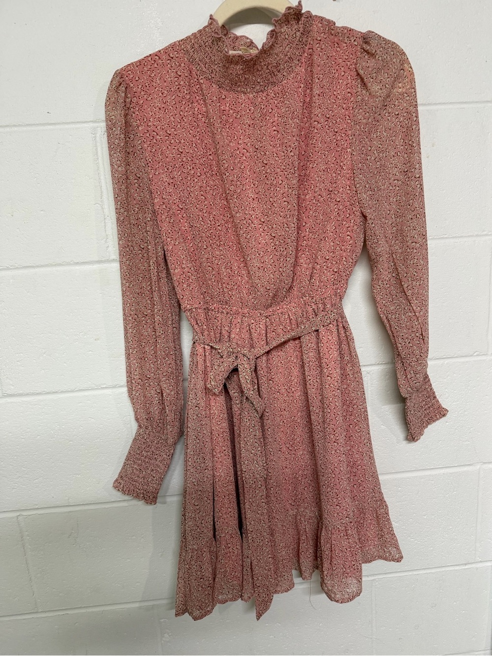 Smocked Waist Pink Floral Long-Sleeve Ruffle Dress